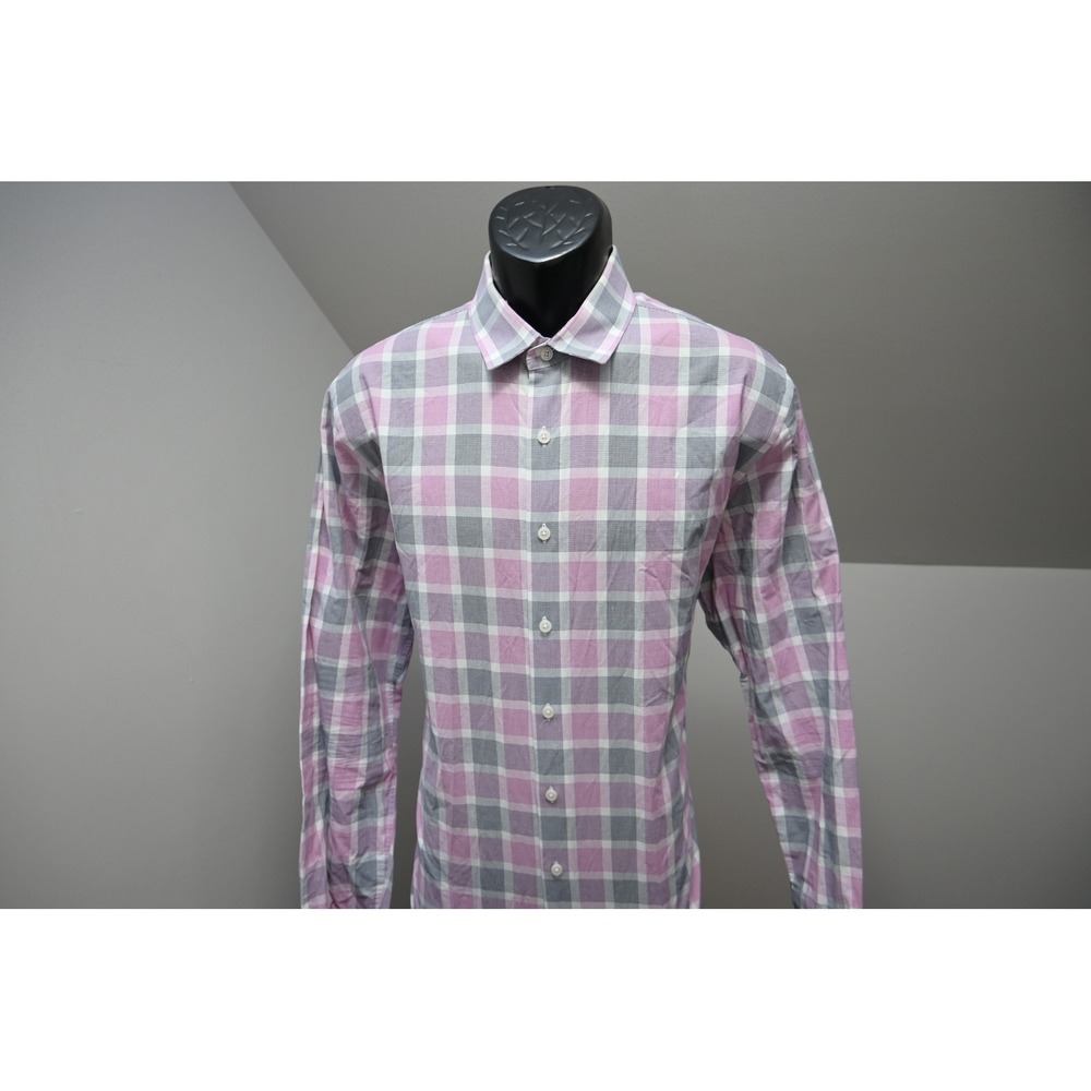 Express‎ Button Down Shirt Mens XL Pink Grey Plaid Fitted Long Sleeve Excellent